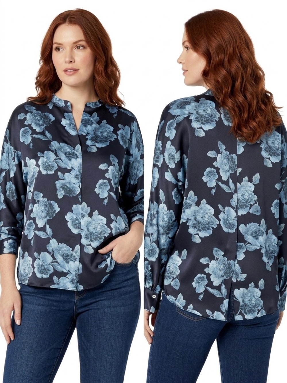 VINCE Silk Tapestry Floral Popover Blouse S Blue Shirt Luxury Classiccore Office